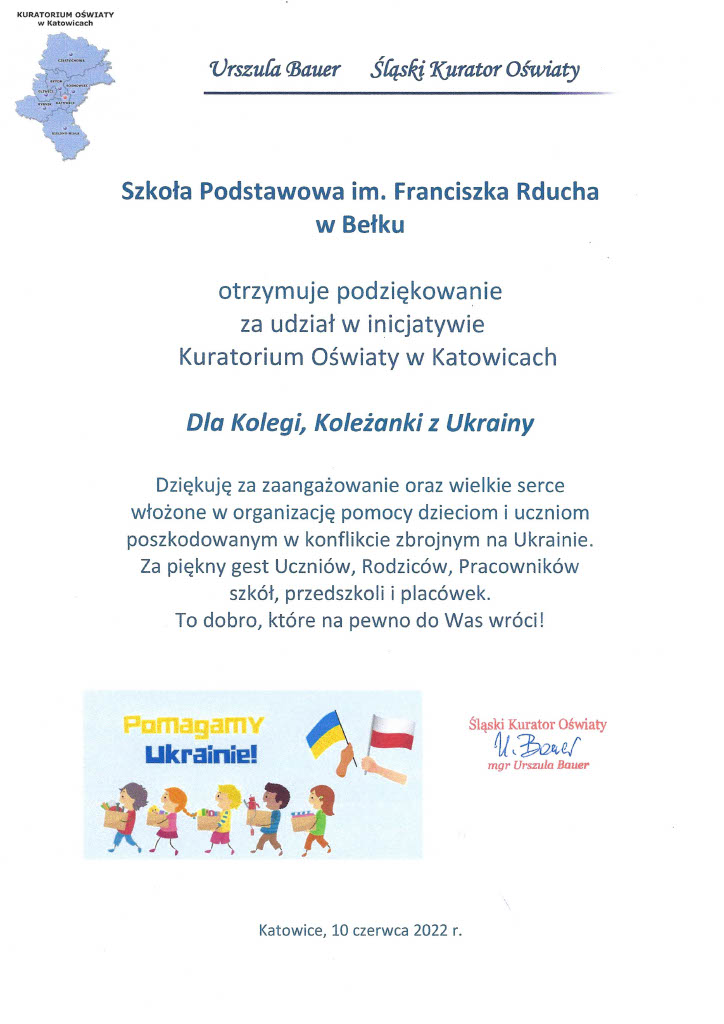 Podziękowanie Śląskiego Kuratora Oświaty